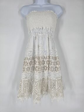 Temptation Positano Strapless White Smocked Mini Dress Eyelet Lace Size L